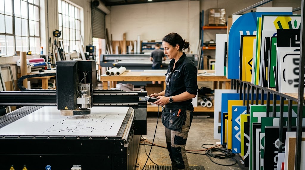 A busy modern sign production floor