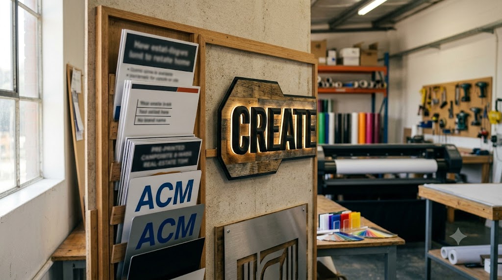 A variety of finished signs, from standard panels to bespoke fabrication