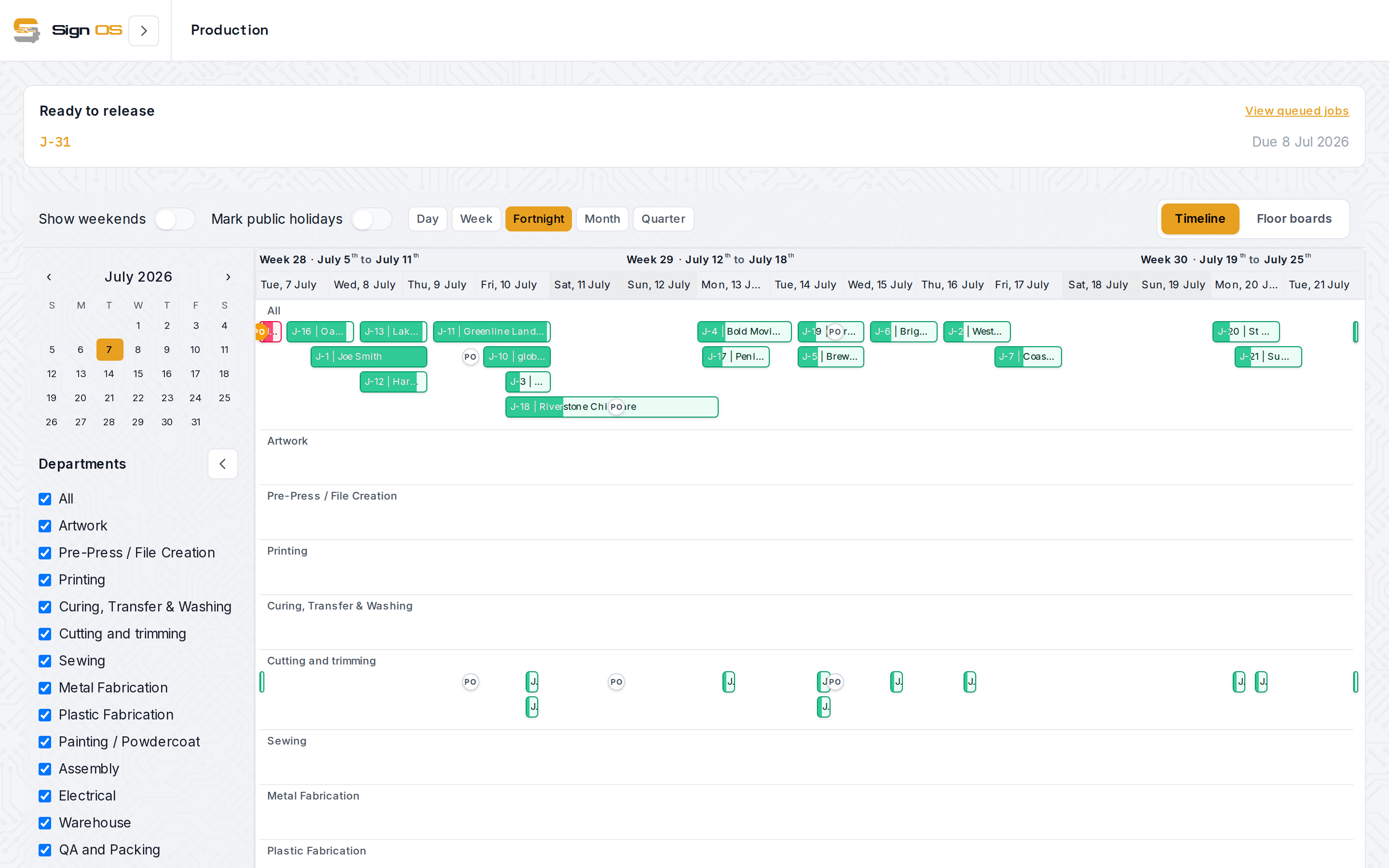 The Production Timeline — a department Gantt view of every released job