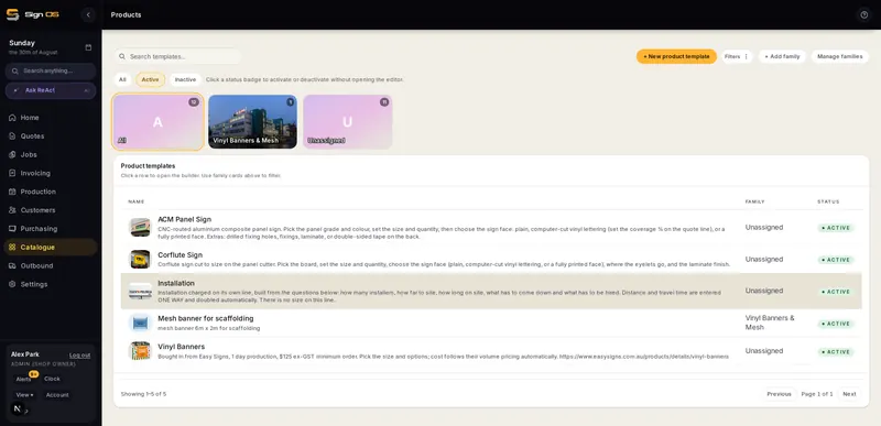 Sign OS product list with a photograph beside each product, its description and status