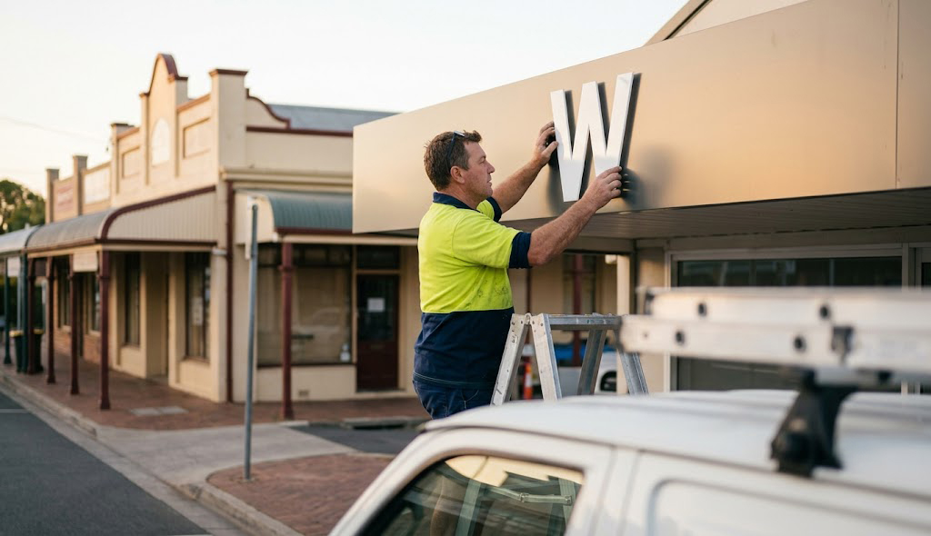 Fitting a dimensional letter to a shopfront fascia at golden hour