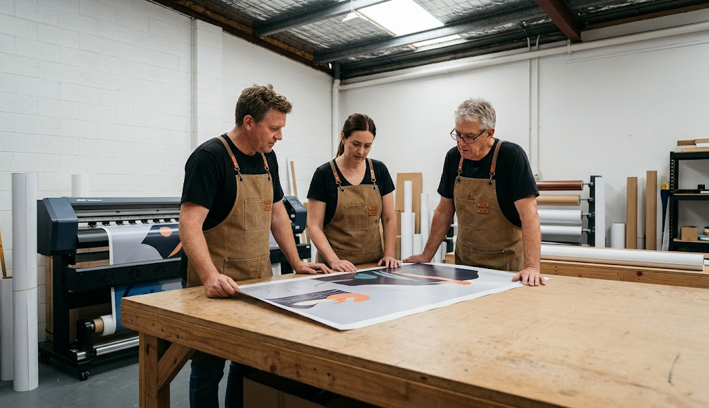 A sign shop team checking a fresh print together on the workbench