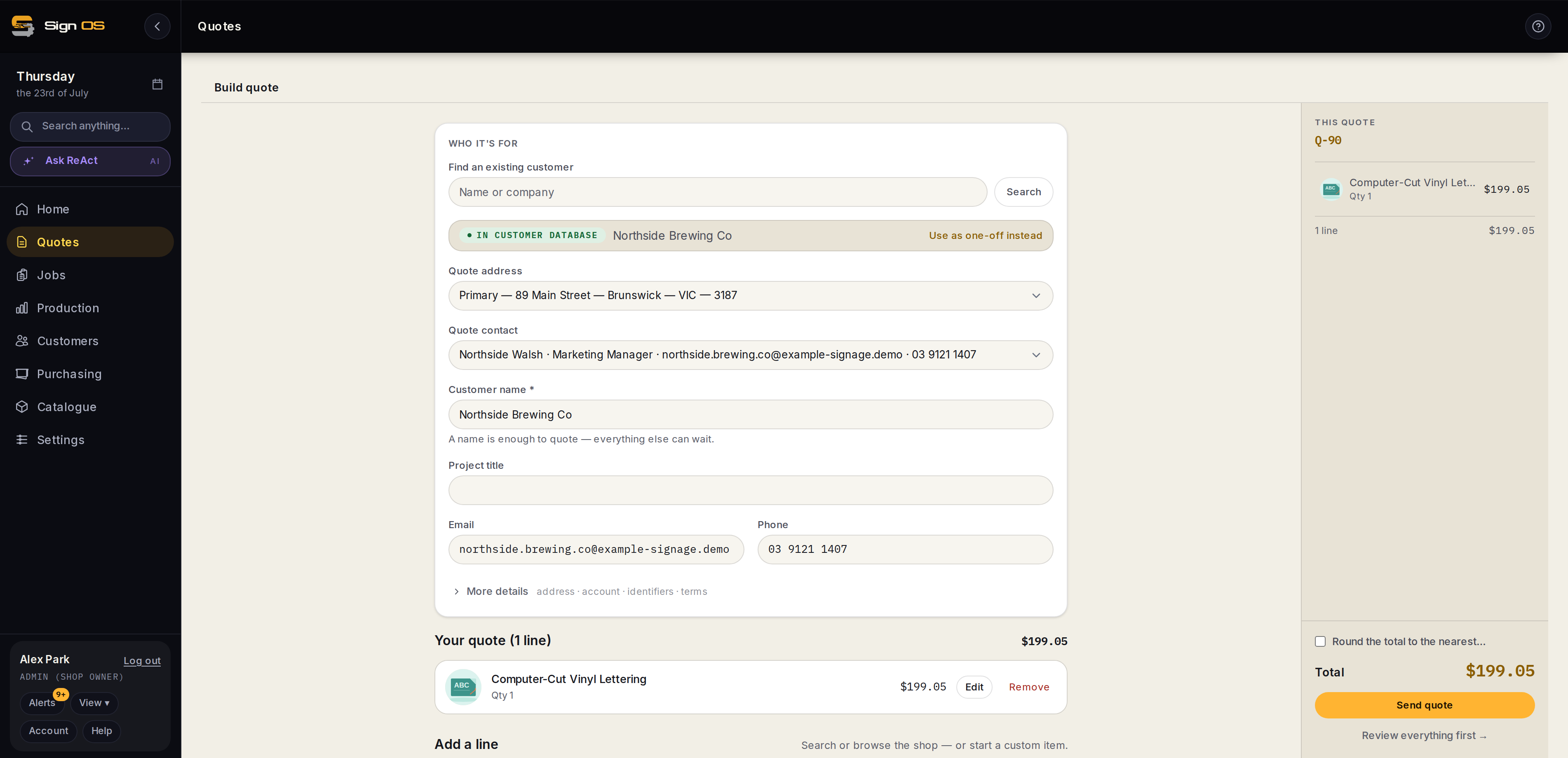 Sign OS quote builder items step with a calculated line and live total in the outcome rail