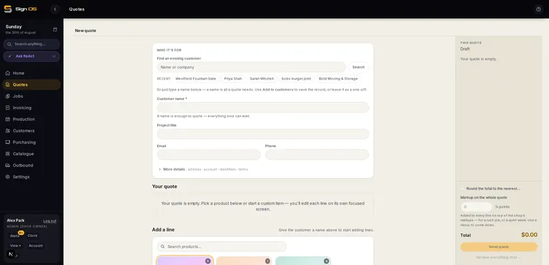 Sign OS quote builder customer step — name-first with details behind a disclosure