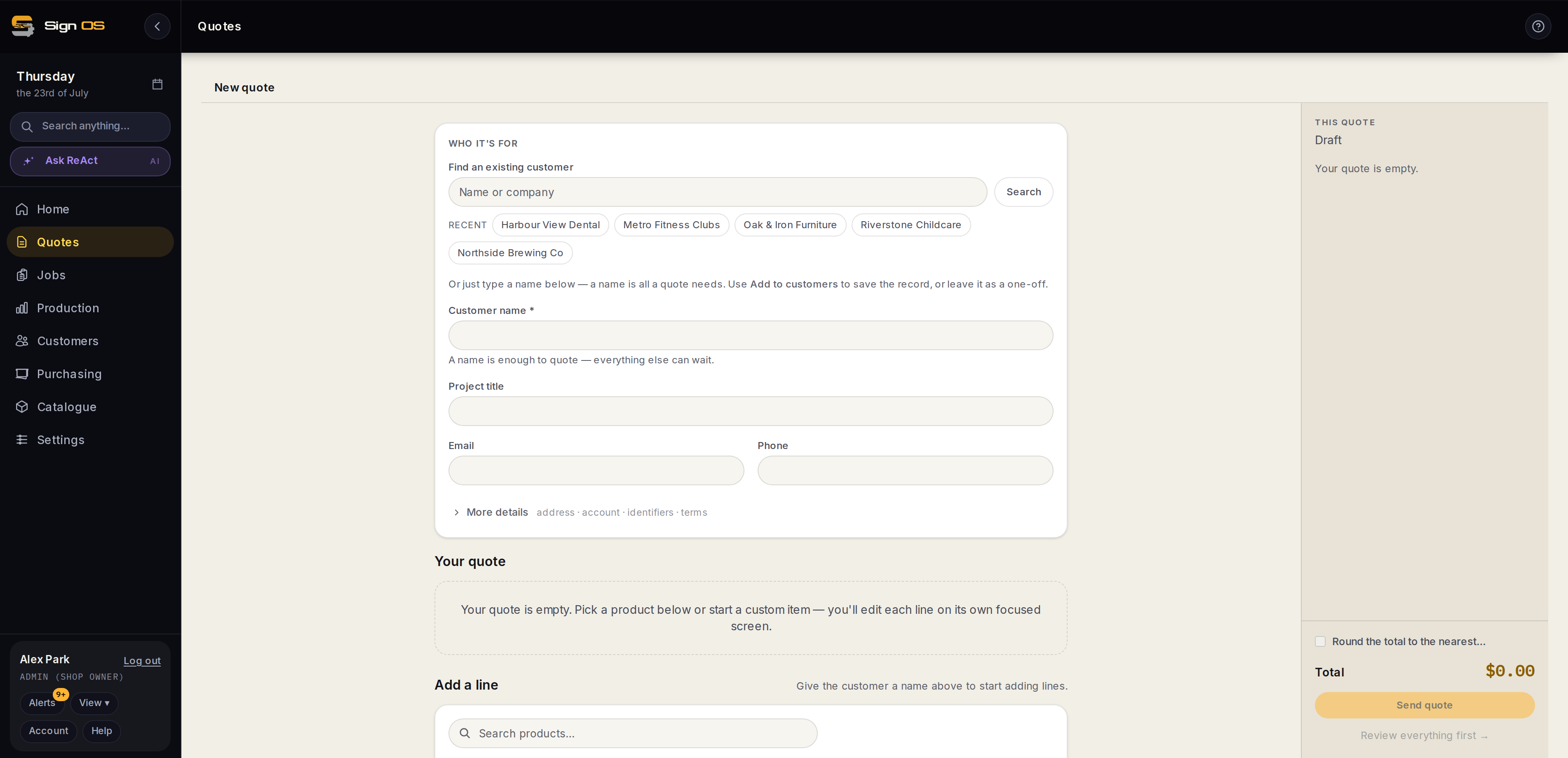Sign OS quote builder customer step — name-first with details behind a disclosure