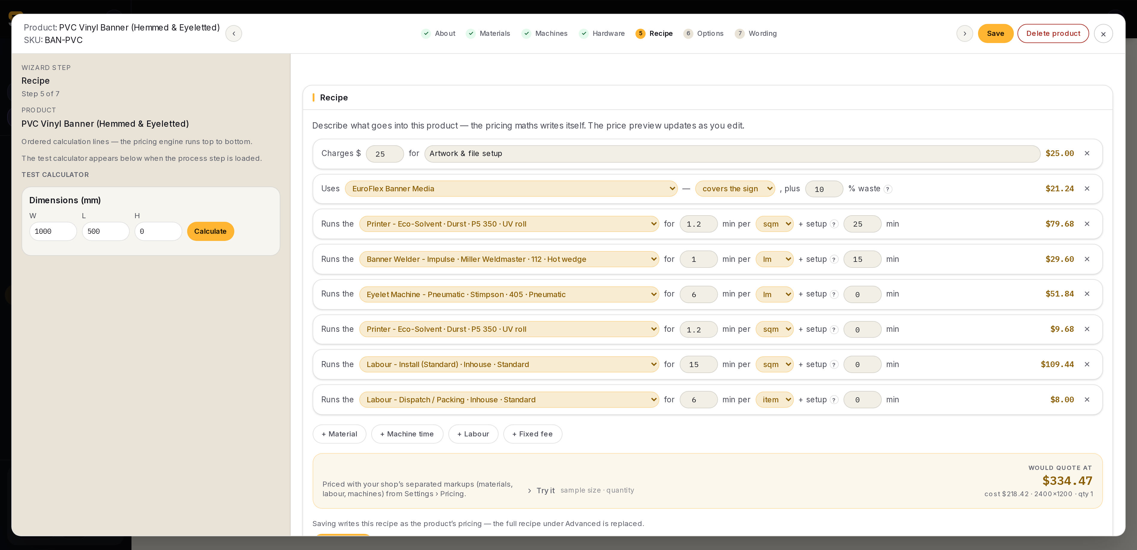 Sign OS product recipe builder with ingredient sentences and a live price preview