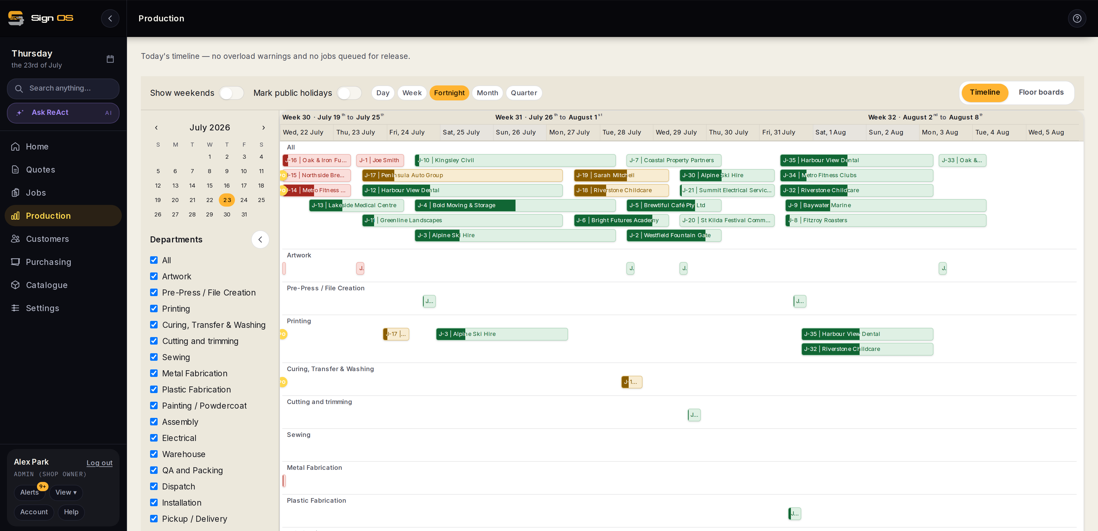 Sign OS production timeline — sign shop MIS scheduling jobs across departments