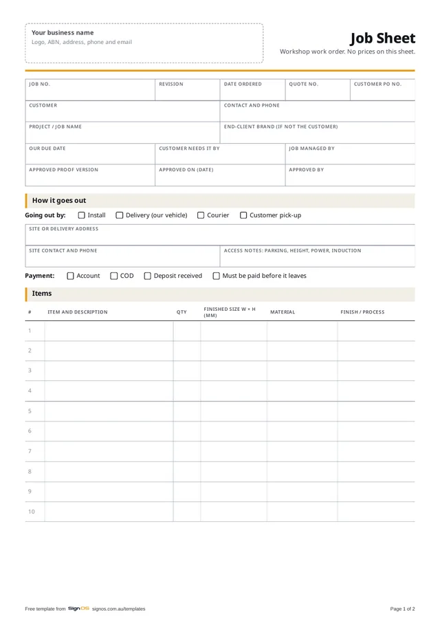 Blank job sheet, page one: job number, revision, quote and PO numbers, customer, dates, approved proof, how the job goes out, payment, and an items table with size, material and finish columns.